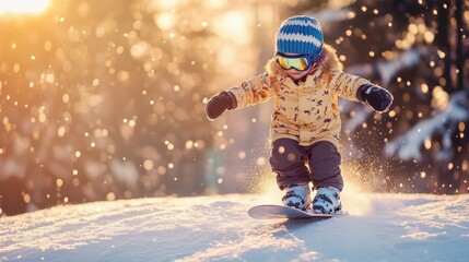 A young child in a warm winter outfit glides effortlessly down a snow-covered hill. The sun shines through trees, creating a magical atmosphere with twinkling snowflakes all around
