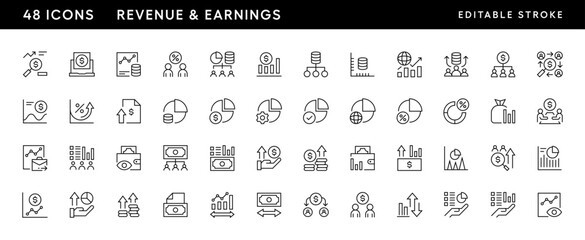 Revenue icon collection. Earnings icon set. Business growth, finance, economy, statistics, summary, growing, pie, chart, earning and more. Editable stroke. Pixel Perfect. Grid base 32px.