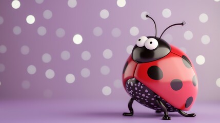 A cartoon ladybug with big eyes on a purple background.