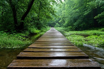 Serene Wooden Pathway Through Lush Green Forest Landscape