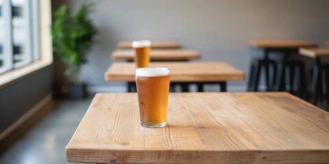 A pint of amber beer on a wooden table in a cozy, modern bar setting.