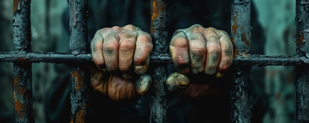 Hands of a prisoner holding on to old rusty bars of a prison cell, close-up.