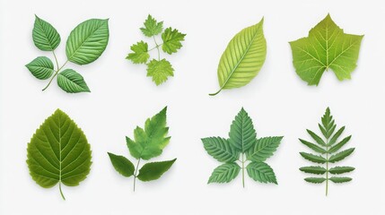 Vector set of green leaf icons, various shapes, isolated on white; ideal for eco-friendly or bio logos