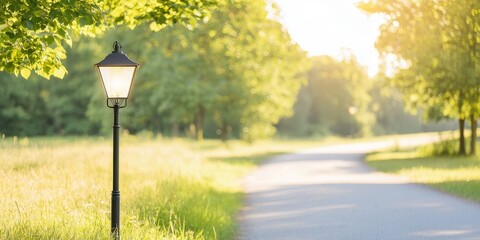 A street lamp in a sunlit park pathway surrounded by lush greenery.