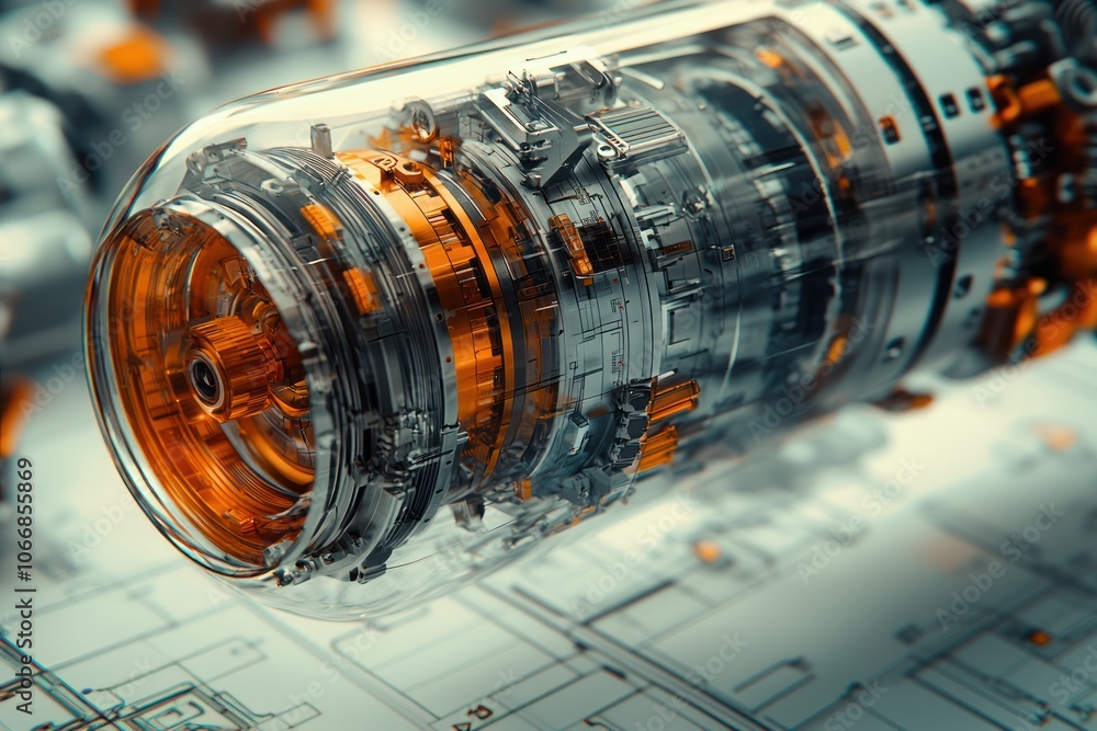 Poster transparent case encasing complex mechanical gears and components