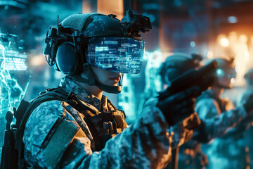 A futuristic VR combat training session, with soldiers in digital gear fighting holographic enemies in a virtual environment.