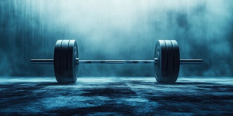 Barbell on the floor, dramatic lighting, fit for gym or fitness themes.