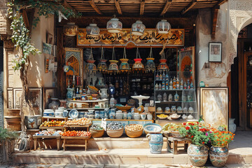 Fototapeta premium Asian souvenir stall, tourist traditional cultural goods. Handmade decoration.