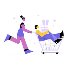 Woman Pushing Another Woman Sitting In Shopping Cart With Gift Boxes In Flat Vector Illustration Symbolizing Holiday Shopping And Festive Fun, Isolated On White Background
