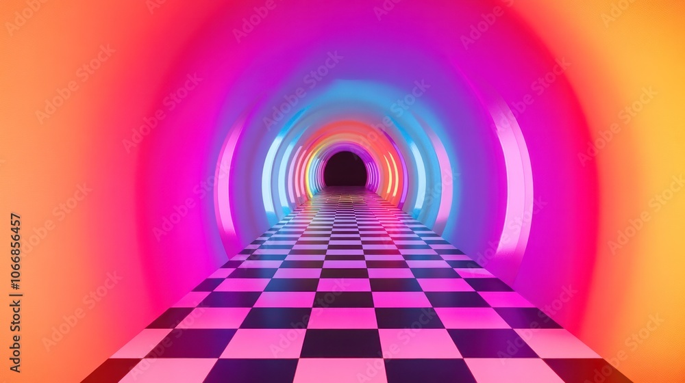 Aufkleber a mesmerizing tunnel with a black-and-white checkered floor extending into the distance, surrounded
