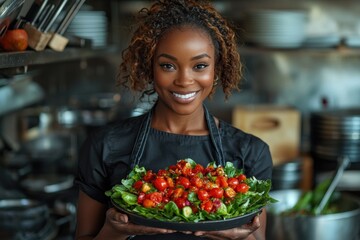 A Smiling Chef Holding a Fresh Salad in a Kitchen