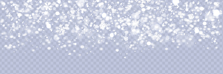 Snow and snowflakes on transparent background. Winter snowfall effect of falling white snow flakes and shining, New Year snowstorm or blizzard realistic backdrop. Christmas or Xmas holidays.