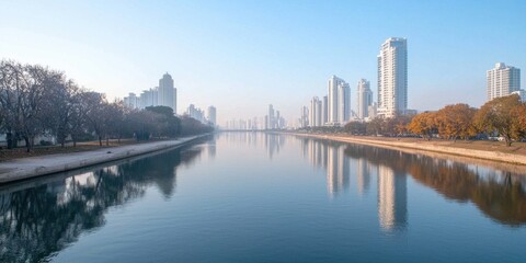 Fototapeta premium City skyline reflection on serene water, early morning light, peaceful atmosphere.