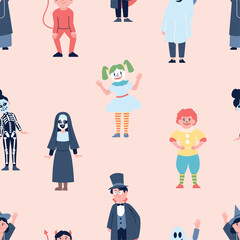 Children in carnival costumes. Clown vampire skeleton ghost kids characters. Festival cute flat girls boys, childish vector seamless pattern