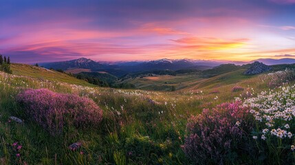 mountain plane just before daybreak, showcasing a spectacular gradient of colors in the sky. The landscape is tranquil,