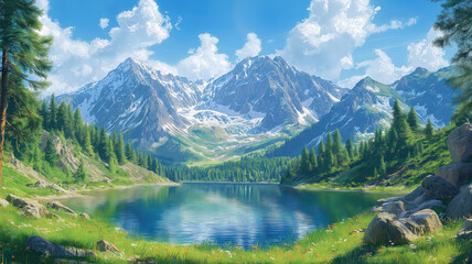 Fototapeta premium Summer tranquility in the Alps showcasing an idyllic landscape with a crystal clear lake