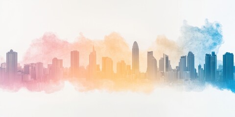 Colorful city skyline with artistic watercolor splash effect on white background.