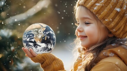 Naklejka premium Smiling adorable little girl holds the Earth globe in her hands. Snowing background