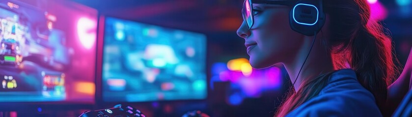 A focused gamer in headphones, immersed in a vibrant, colorful gaming experience with multiple monitors displaying engaging visuals.