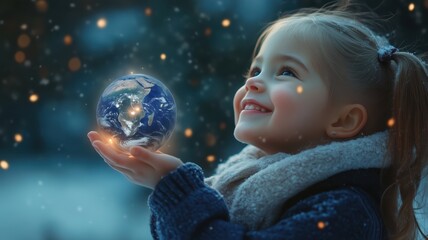 Smiling adorable child holds the Earth globe in her hands. Snowing background