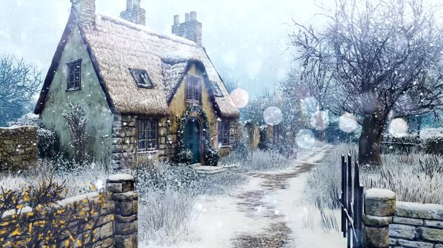 a snowy day in front of a quaint traditional British cottage with a thatched roof and garden. Seamless looping time-lapse virtual 4k video animation background