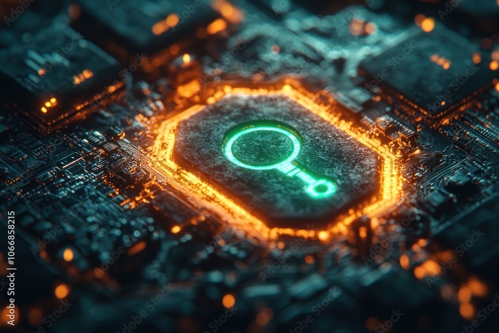 Aufkleber a glowing magnifying glass icon embedded in a futuristic circuit board