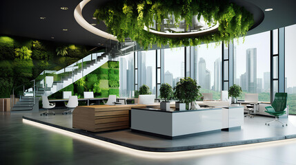 Fototapeta premium A modern green office space designed with plants and natural light for a refreshing work environment