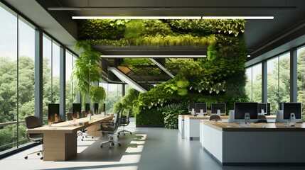 A modern green office space designed with plants and natural light for a refreshing work environment