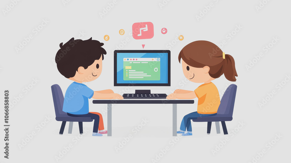 Poster kids engaged in fun learning activity with computer