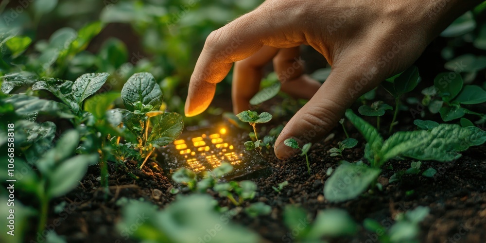 Poster hand interacting with glowing object amidst lush greenery