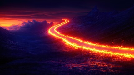 A twisting road illuminated by a vibrant orange light
