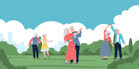 Elderly characters dancing in city park. Dance workshop for old people. Men dances with women, outdoor entertainment and recreation, vector scene