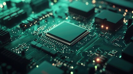 Circuit board with microchip showcasing advanced technology in electronics and engineering featuring intricate components and a green color palette