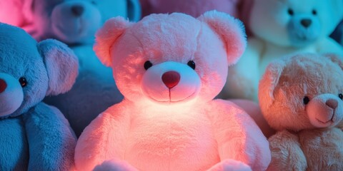 Cute teddy bears glowing softly in a cozy setting, colorful and inviting.