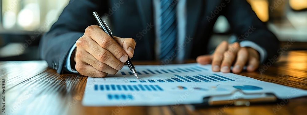 Poster close-up of a hand holding a pen over a financial report with blue bar graphs and charts.