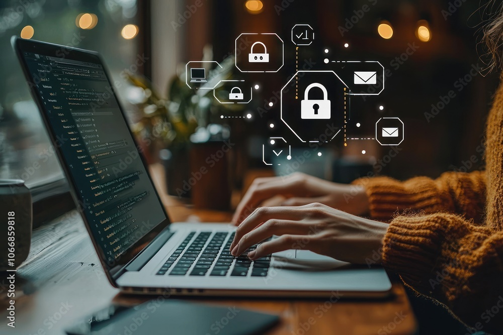 Poster woman typing on a laptop with secure data network icons