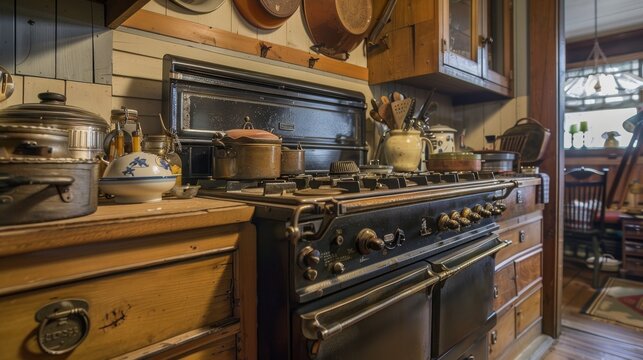 Step back in time with this charming image of an antique stove and copper pots in a vintage kitchen setting