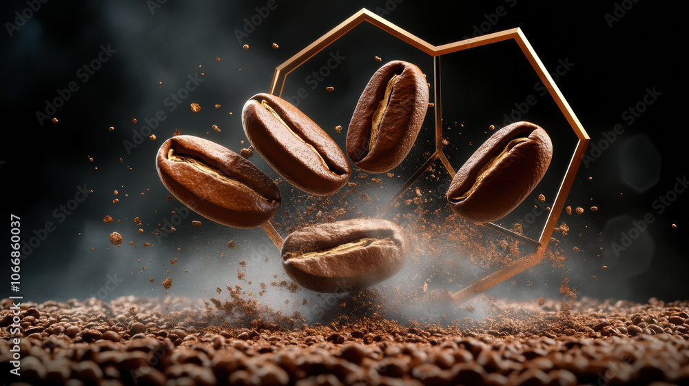 Poster coffee beans floating in hexagonal frame with dynamic background