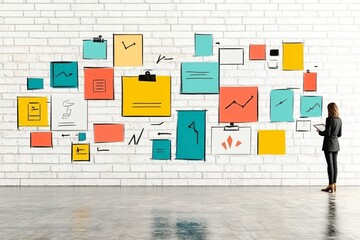 Businesswoman Analyzing Graphic Charts on a White Brick Wall