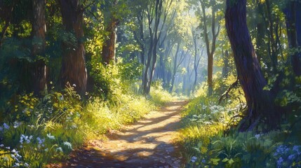 Obraz premium A sunlit forest trail beckons for exploration and fosters a deeper connection with nature