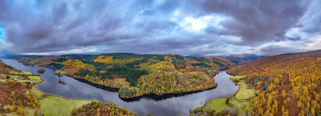 Loch Tummel, Perthshire, Scotland. Landscape panoramic drone photography