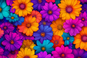 A bunch of brightly colored flowers on a blue background