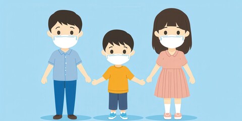 Family wearing masks together, cheerful expression, blue background.