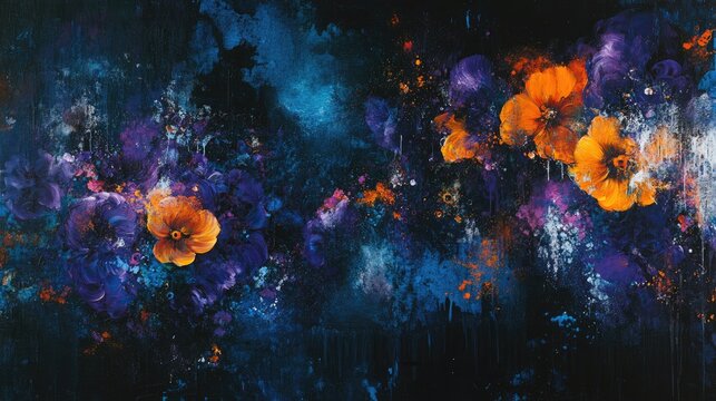 Blue violet and orange flowers against a black backdrop conveying themes of abstraction artistic expression and creativity
