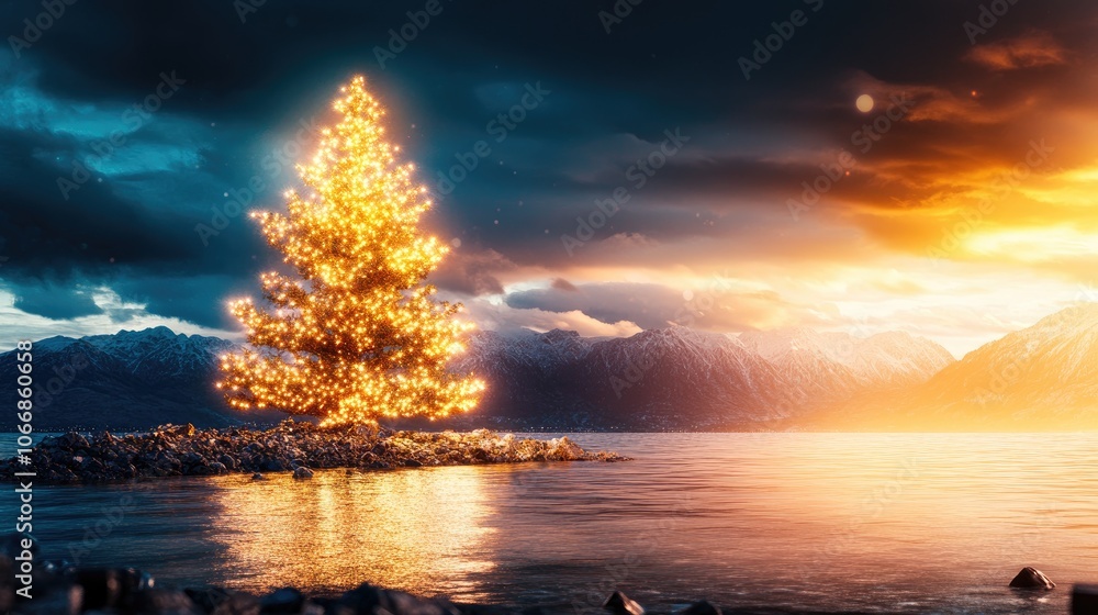 Poster charming festive tree by the shore featuring ample blank space for text or graphics