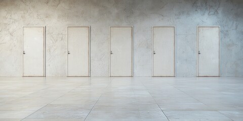 Fototapeta premium Five doors against a textured concrete wall, empty modern space, minimalist interior design.