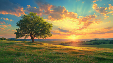 Fototapeta premium Peaceful panorama of green meadows and a solitary tree under colorful clouds at sunrise
