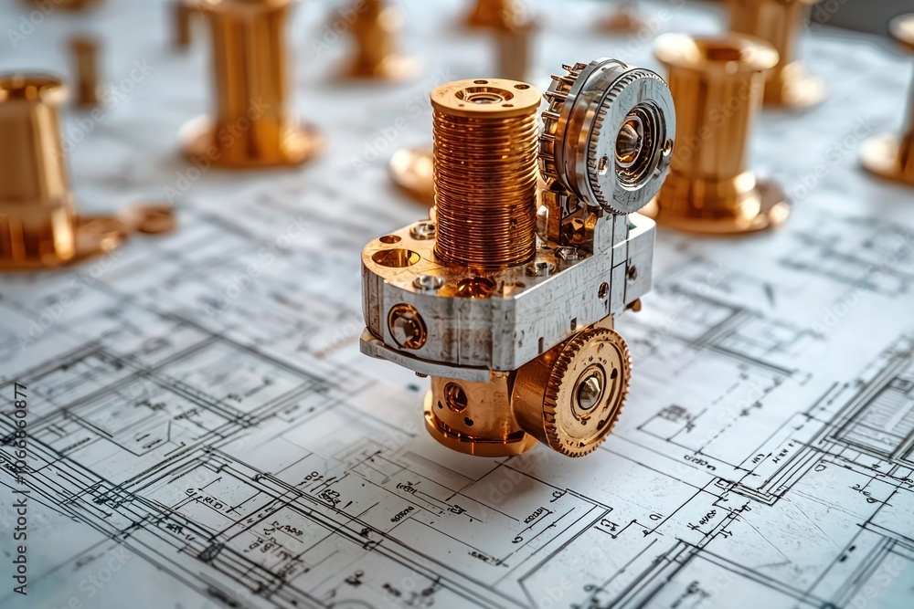 Poster detailed close-up of a complex gear system on a blueprint