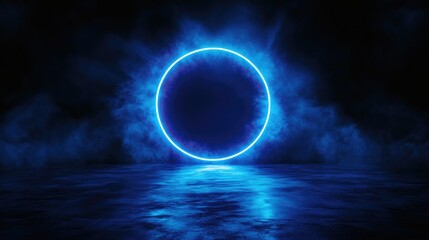 Bright blue illumination in darkness showcasing a futuristic retro style with zen minimalism featuring a light filled neon aesthetic in a poster like presentation