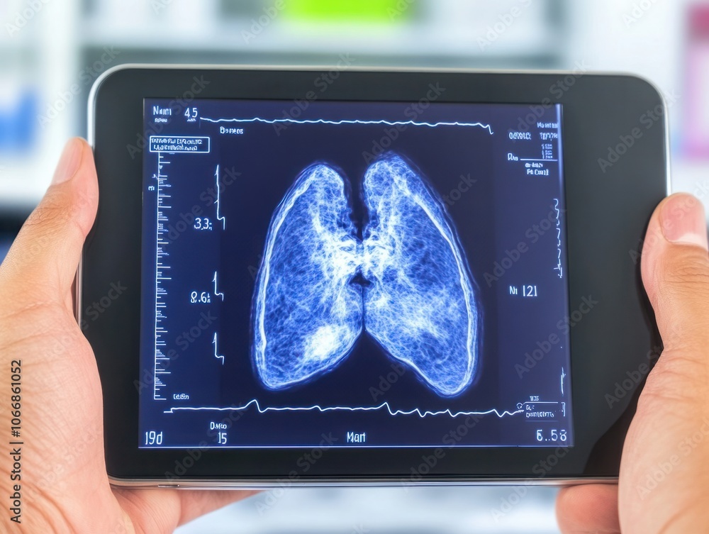 Poster close-up of handheld ultrasound device displaying image